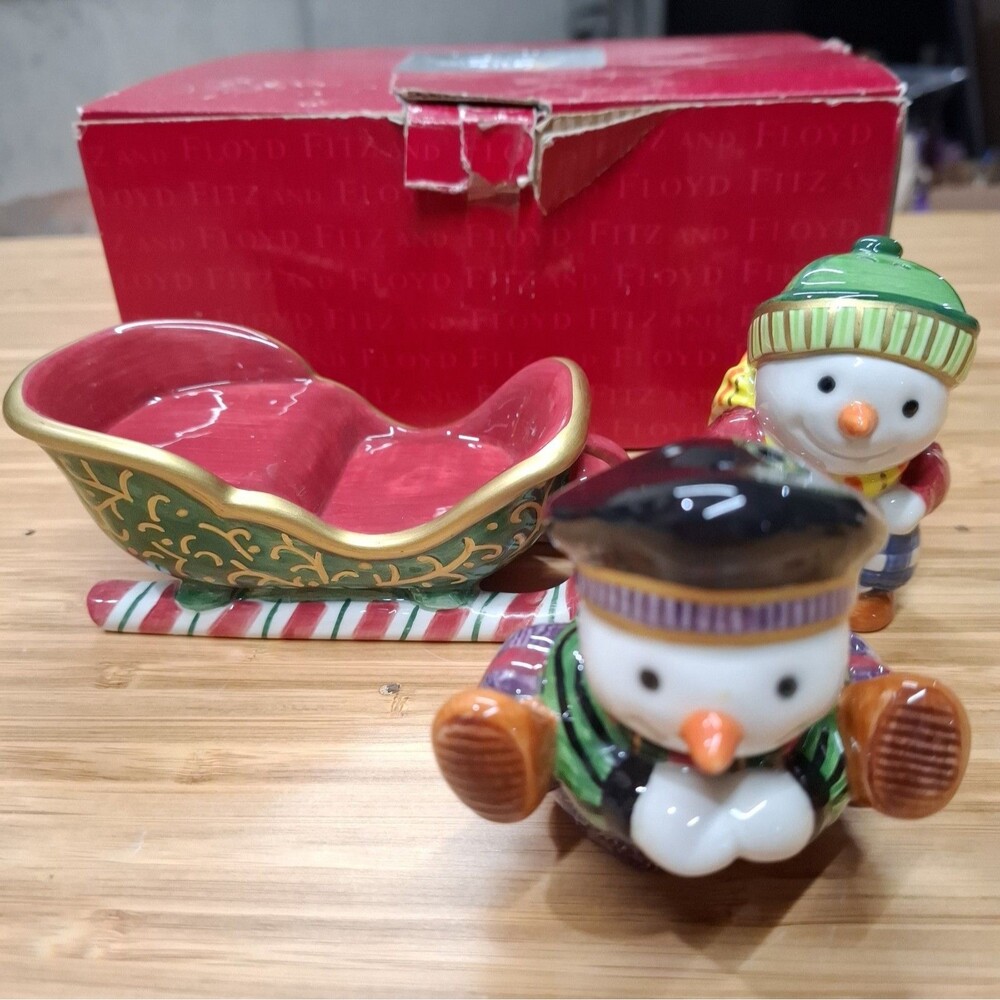 Fitz and Floyd Essentials Snow Guys Salt and Pepper Shakers Sleigh Christmas...